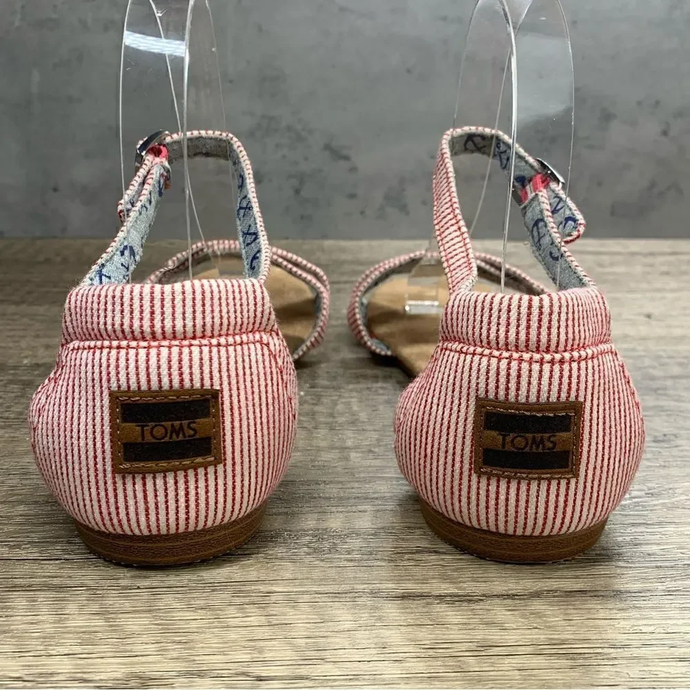 TOMS~Girls~”Correa”~ Red/White PinStripe Flat Open Toe Sandals~Size 4‎